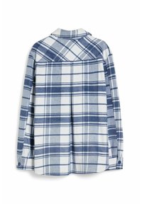 Modrá a bílá kostkovaná košile, dlouhé rukávy, límec na knoflíky, flanelová struktura, s bočními rozparky a detailem na zadním lemu.