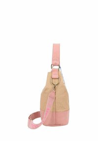 Borsa rosa e beige con tessuto testurizzato, dettagli con pattern e base in pelle liscia. Dotata di una larga tracolla regolabile e accessori in metallo.