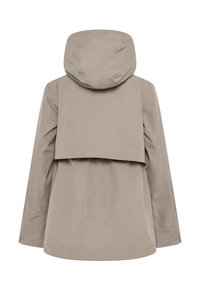 Beige Kapuzen-Regenjacke mit langen Ärmeln, Rückenpasse und glattem, wasserabweisendem Stoff.