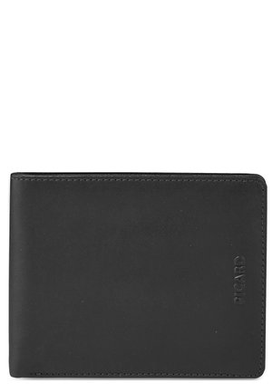Billetera de cuero negro con una textura suave, diseño plegable, logo en relieve y costuras sutiles a lo largo de los bordes. Estilo simple y minimalista.