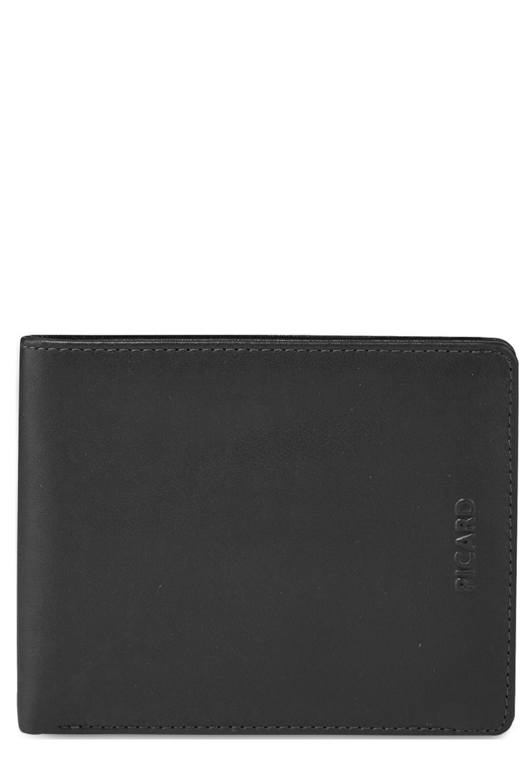 Billetera de cuero negro con una textura suave, diseño plegable, logo en relieve y costuras sutiles a lo largo de los bordes. Estilo simple y minimalista.