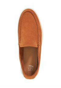 Suede slip-on shoe in burnt orange with stitching details. White rubber sole and a rounded toe. Soft texture and simple design.