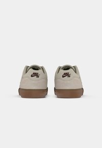 Ζευγάρι μπεζ αθλητικών παπουτσιών Nike SB με καφέ σόλες, εμφανιζόμενο από το πίσω μέρος σε λευκό φόντο.