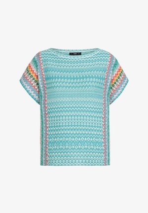 Turkiozo spalvos trumpomis rankovėmis marškinėliai su geometriniais raštais balta, rožine ir spalvotais akcentais aplink rankoves ir kraštus.