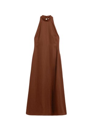 Ärmelloses braunes Kleid mit Neckholder und Knopfverschluss am Rücken sowie lockerer A-Linien-Silhouette.