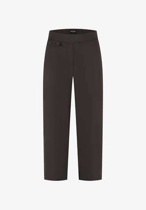 Bruine hoge taille rechte broek met een enkele knoop op de tailleband, zonder zichtbare zakken of patronen.