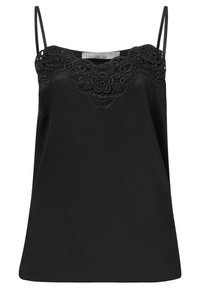 Czarny top na ramiączkach z cienkimi paskami, z falbaniastym detalem koronkowym wokół dekoltu. Gładki materiał o luźnym kroju i bez dodatkowych ozdób.