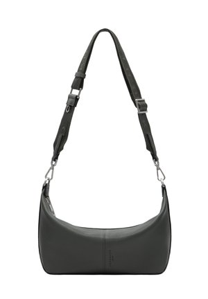 Czarna skórzana torba na ramię z regulowanym paskiem materiałowym i srebrnymi zapięciami, minimalistyczny design z subtelnym tłoczonym logo.