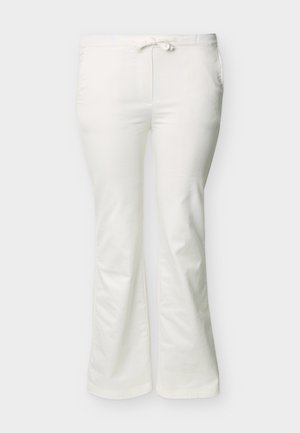 White straight-leg pants with front pockets and a front drawstring waist, displayed against a plain light background.