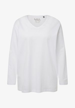 Camicetta bianca a maniche lunghe con scollo a V in cotone, caratterizzata da una vestibilità comoda e un orlo dritto. Etichetta visibile al colletto. Design semplice, senza motivi.