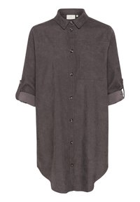 Chemise longue en velours côtelé gris foncé avec boutons sur le devant, une poche poitrine, un col et des manches retroussées avec pattes à boutons.