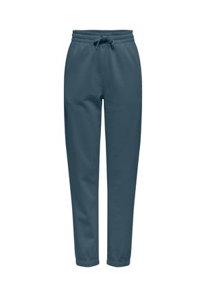 Blue joggers made of soft fabric, featuring an elastic waistband with a drawstring, side pockets, and tapered cuffs at the ankles.