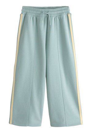 Lichtblauwe wijde broek met elastische tailleband, trekkoord en beige zijstrepen.