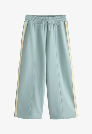 Light blue wide-leg pants with elastic waistband, drawstring, and beige side stripes.