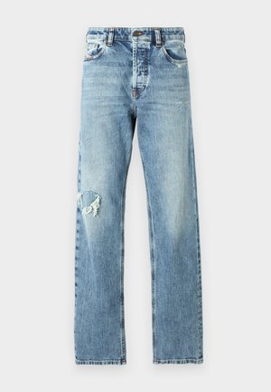 Lyse blå denimjeans med rett ben og slitte detaljer på venstre kne. Klassisk fem-lomme design med metalldetaljer.