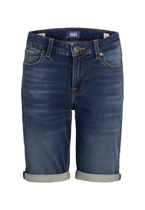 Shorts in denim di un blu scuro con un aspetto sbiadito, dotati di risvolti, cinque tasche e accessori in bronzo. Etichetta del marchio all'interno della cintura.