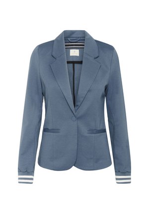Blue blazer in textured fabric, featuring a notched collar, single button closure, and two front pockets. Cuffs have white stripes.