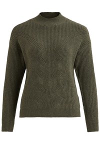 Pull en maille vert olive avec un col montant, présentant un motif en côtes texturé et des détails en câble subtils sur le devant et les manches.
