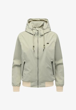 Lysebeige hættejakke med frontlynlås, snøre i hætten, lynlåslommer i siderne samt ribkanter ved ærmer og kant.