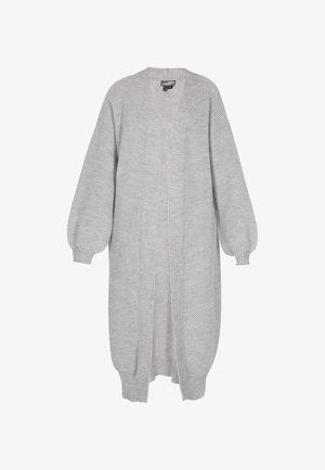 Light gray knitted cardigan with a v-neck, open front, and billowy sleeves. Made from soft material, featuring ribbed accents at cuffs and hem.