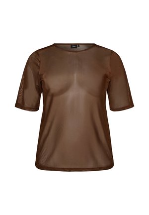 Top marrón transparente de malla con mangas cortas, cuello redondo y ajuste regular, mostrado sobre un fondo blanco liso.