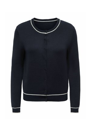 Marineblå knappet cardigan med hvit kant på krage, mansjetter og nederkant, med lange ermer og rund hals.