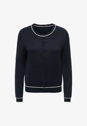 Cardigan bleu marine boutonné avec bordure blanche sur le col, les poignets et l'ourlet, doté de manches longues et d'un col rond.