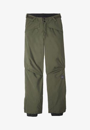 Olijfgroene skibroek gemaakt van duurzaam materiaal, met een knoopsluiting in de taille, ritszakken en elastische manchetten bij de enkels.