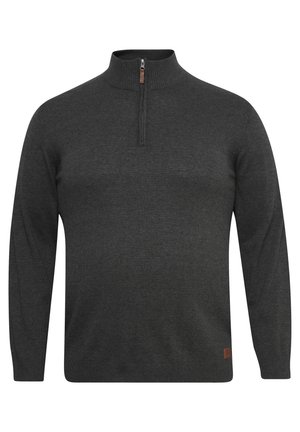 Mørkegrå hettegensers med glidelås laget av et glatt stoff. Har lange ermer, ribbekrage og en liten lærdetalj ved kanten.