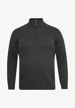 Dark gray zip-neck sweater made from a smooth fabric. Features long sleeves, ribbed collar, and a small leather accent at the hem.