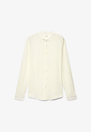 Camicia da uomo bianca a manica lunga con trama, collo alla coreana e chiusura frontale con bottoni, taglia XL.