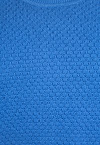 Tessuto di un maglione blu con texture e un sottile motivo a diamante, caratterizzato da un colletto a coste e una lavorazione a maglia uniforme.