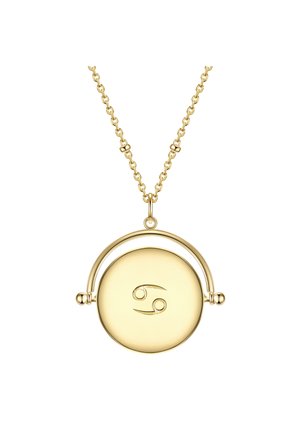 Goldener Anhänger mit kreisförmigem Charm, der das Krebs-Sternzeichen-Symbol zeigt. Die Kette hat kleine runde Glieder, die Textur und Detail hinzufügen.
