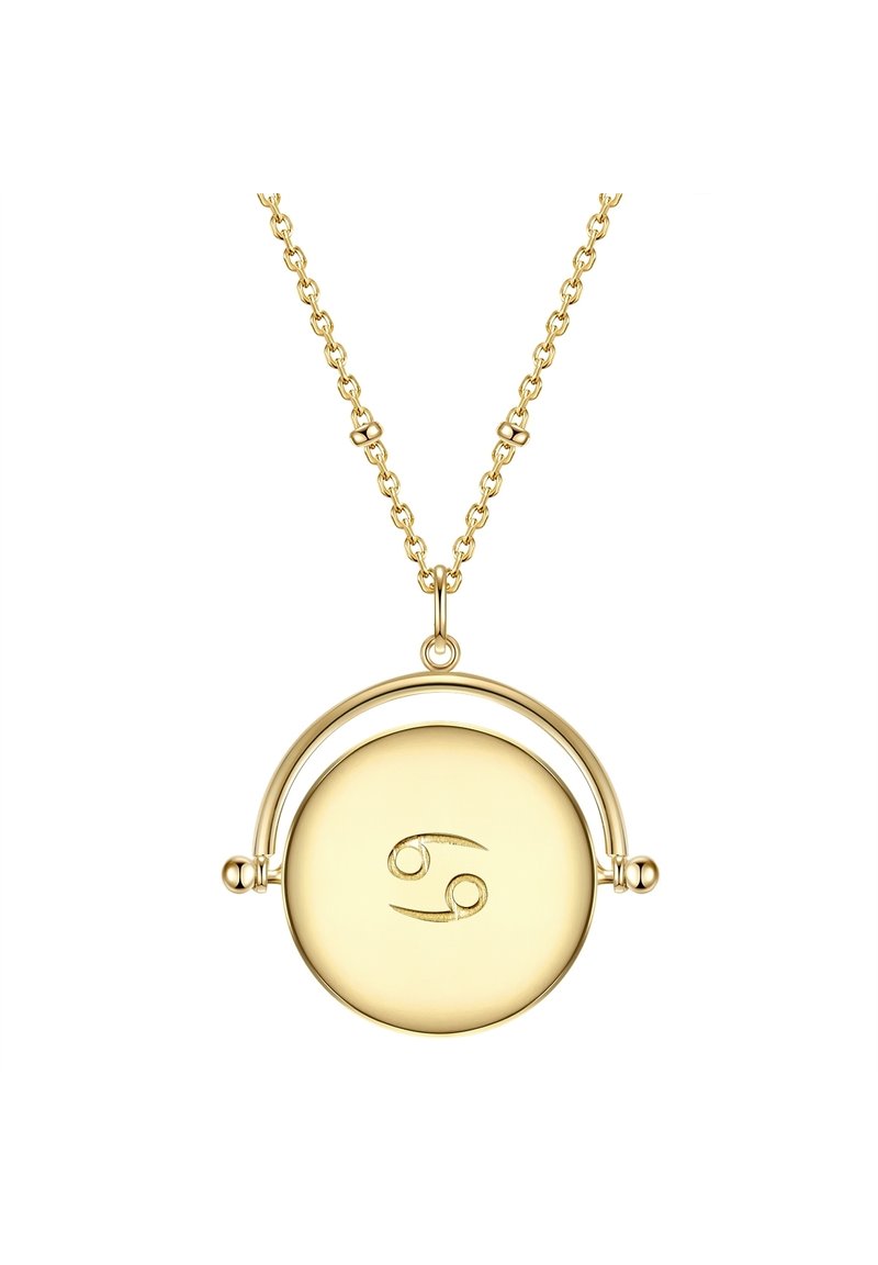 Gold pendant necklace with circular charm featuring a Cancer zodiac symbol. Chain has small rounded links, adding texture and detail.