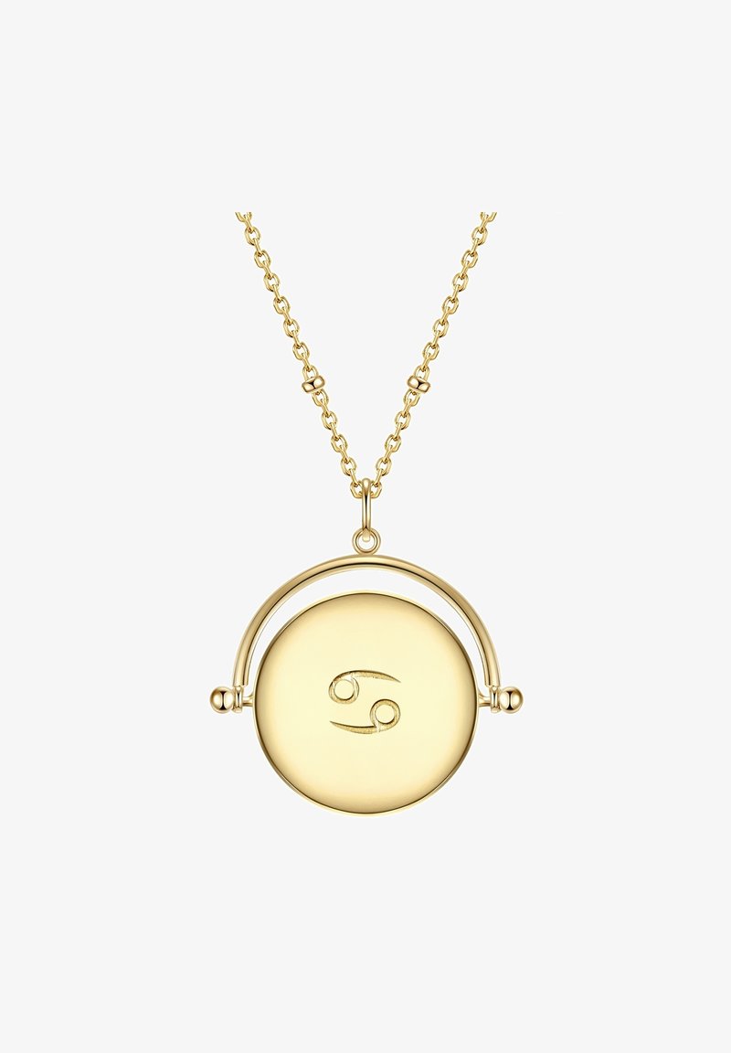 Gold pendant necklace with circular charm featuring a Cancer zodiac symbol. Chain has small rounded links, adding texture and detail.