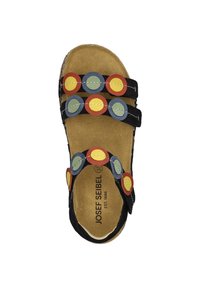 Schwarze Sandalen mit drei verstellbaren Riemen, die runde, mehrfarbige Akzente in Rot, Gelb, Grün und Blau auf einem beigen Fußbett aufweisen.