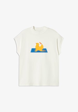 Krémové tričko s krátkým rukávem, na kterém je žlutý stylizovaný pták na modrém pozadí. Měkká tkanina, volný střih a kulatý výstřih.