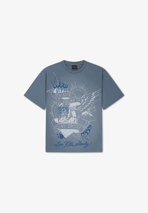 Ed Hardy, WOMENS BRAVE HEARTS STAY TRUE WASHED RELAXED T-SHIRT - T-shirt con stampa - blue
