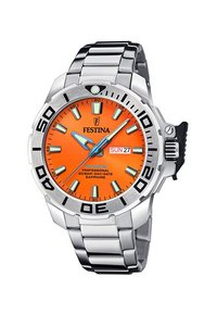 Hodinky Festina s nerezovým oceľovým remienkom, oranžovým ciferníkom, luminiscenčnými značkami, modrými ručičkami a zobrazením dátumu. Vodotesné až do 20 barov.
