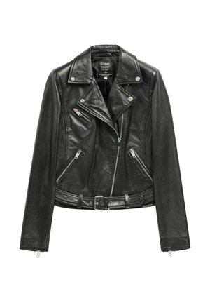 Czarna skórzana kurtka motocyklowa z asymetrycznym srebrnym zamkiem błyskawicznym, trzema kieszeniami na zamek, kołnierzem na zatrzaski, paskiem w talii i zamkami w mankietach.