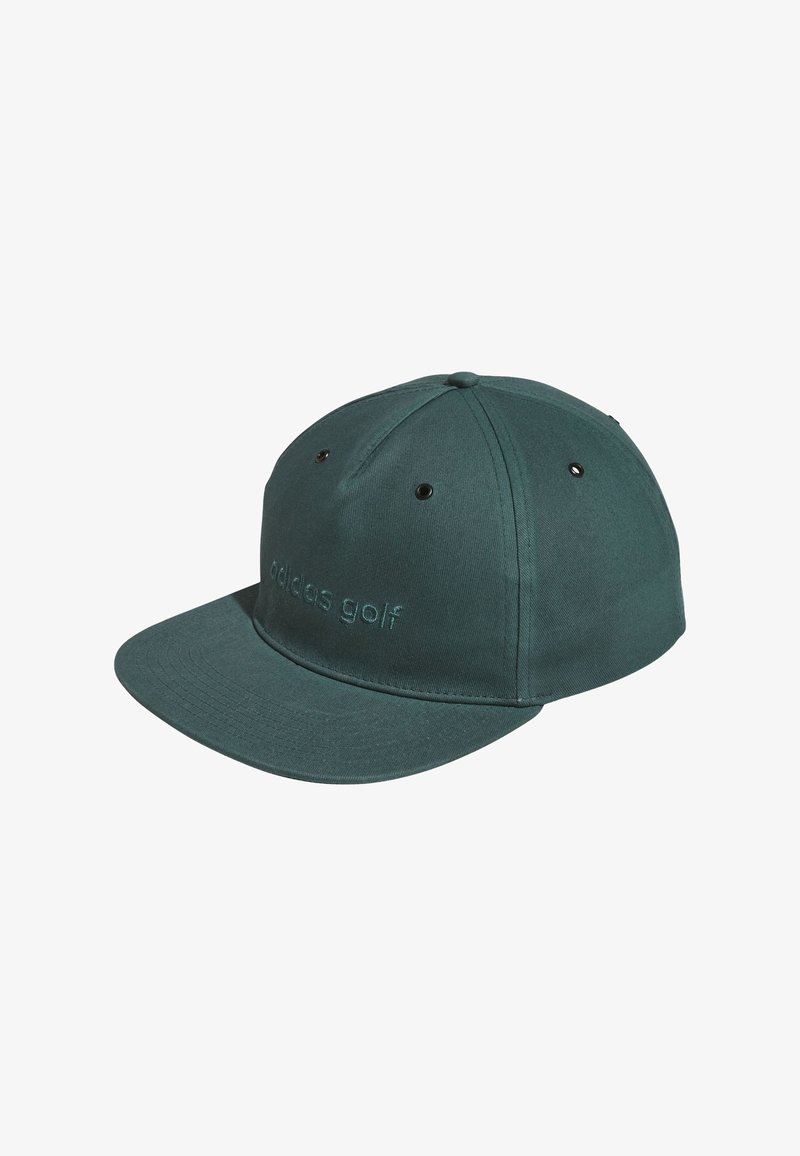 Gorra verde de tela con visera curva, presenta el texto bordado "adidas golf" en la parte delantera y ojales para ventilación.