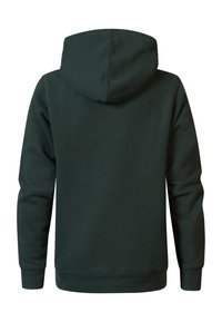 Tummanvihreä huppari, joka on valmistettu pehmeästä kankaasta. Siinä on huppu, pitkät hihat ja joustavat hihansuut. Yksinkertainen muotoilu ilman näkyviä kuvioita tai metalliosia.