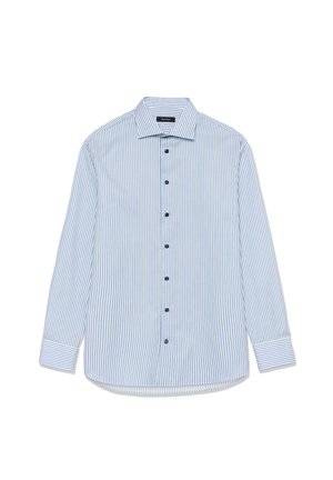 Svijetloplava i bijela prugasta košulja s dugim rukavima, prednji dio s gumbima tamne boje, ovratnik i zaobljen rub. Glatka tekstura tkanine.