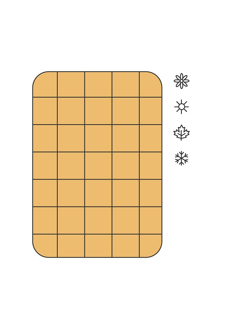 Rechteckiges Gittermuster in einem warmen braunen Farbton, mit 5 Reihen und 6 Spalten. Drei kleine Symbole auf der rechten Seite: eine Sonne, eine Schneeflocke und ein Blatt.