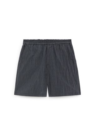 Boxer sombre gris avec de fines rayures blanches verticales et une ceinture élastique, posé à plat sur un fond blanc.