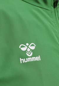 Grüne Sportjacke aus glattem Stoff. Mit einem weißen Logo, das stilisierte Flügel und ein geometrisches Design zeigt. Mit durchgehendem Reißverschluss.