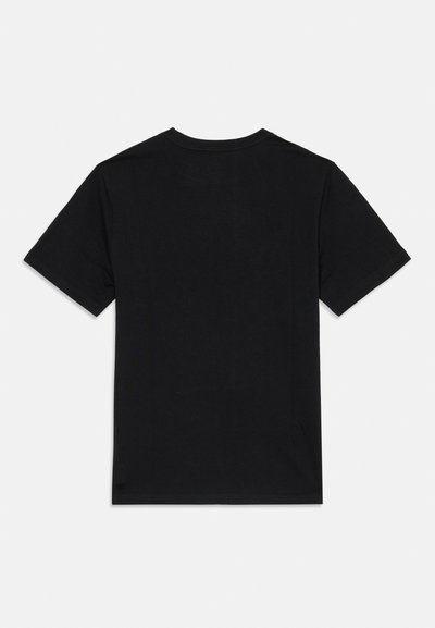 T-shirt en coton noir uni à manches courtes, posé à plat, côté arrière visible, sur un fond blanc.