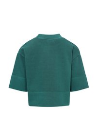 Teal cropped sweatshirt met brede korte mouwen en een ribbelachtige ronde halslijn, weergegeven van achteren op een witte achtergrond.
