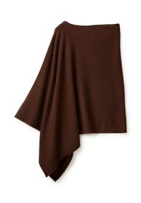 Tmavě hnědý pončo vyrobené z měkké látky. Má široký otvor na krku a splývavý siluetu s žebrovanými okraji. Minimalistický design.