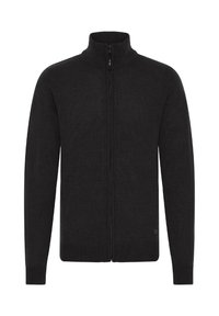 Sort strikket zip-up sweater med høj krave, ribbede manchetter og kant. Har en glat tekstur og minimalistisk design uden mønstre.